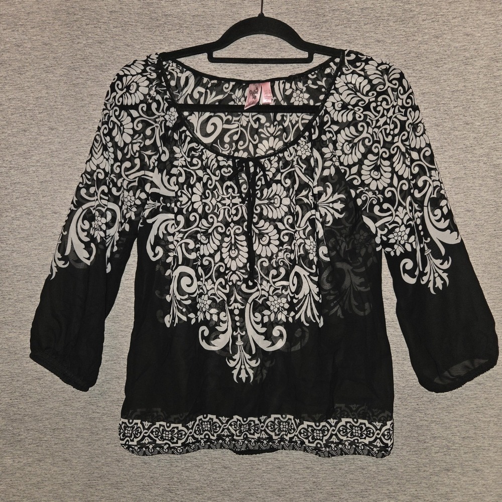 Dolled Up by FANG Sheer Tunic Women's Small Black White Scroll Pattern Top